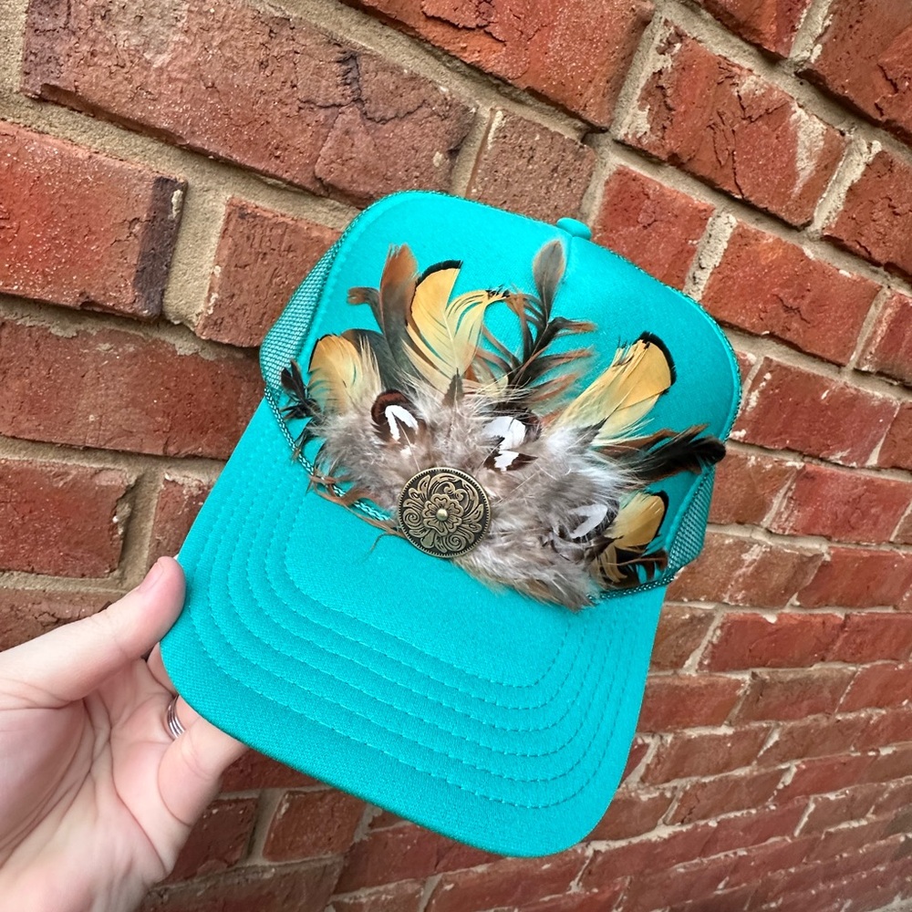 Teal Feathered Trucker Hat
